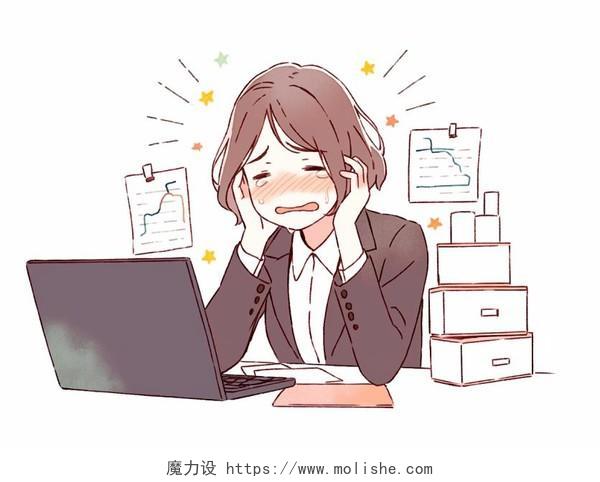 一位职场女性在电脑前疲惫工作场景卡通人物插画招聘职场办公商务白领压力大